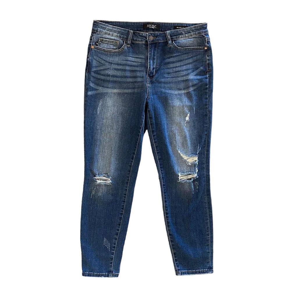 NWOT Judy Blue Relaxed Fit Mid-Rise Dark Blue Denim Jeans Distressed Size 32
